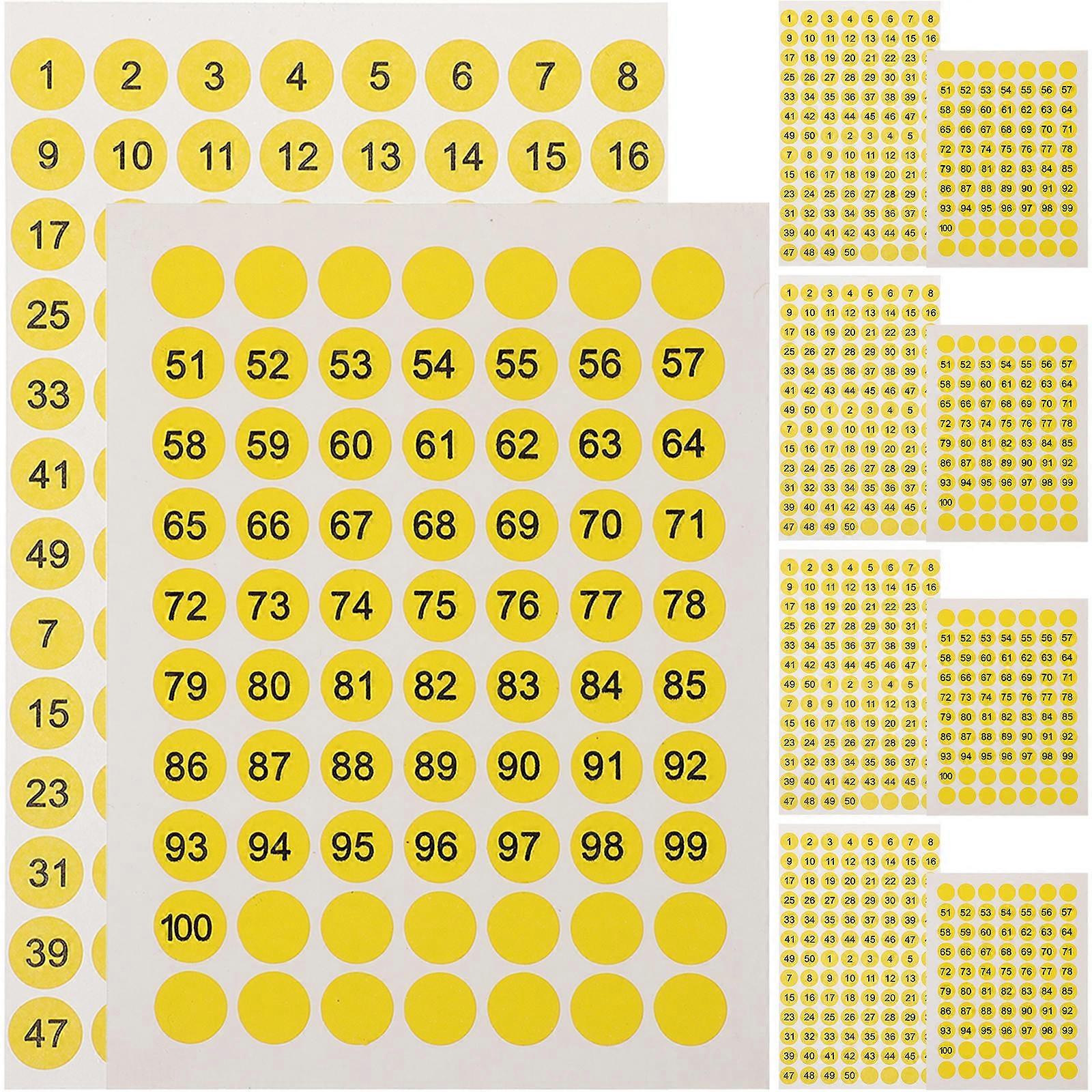 Yellow Round Number Stickers for Decoration Coated Adhesive 10 Sheets Suitable for Various Surfaces