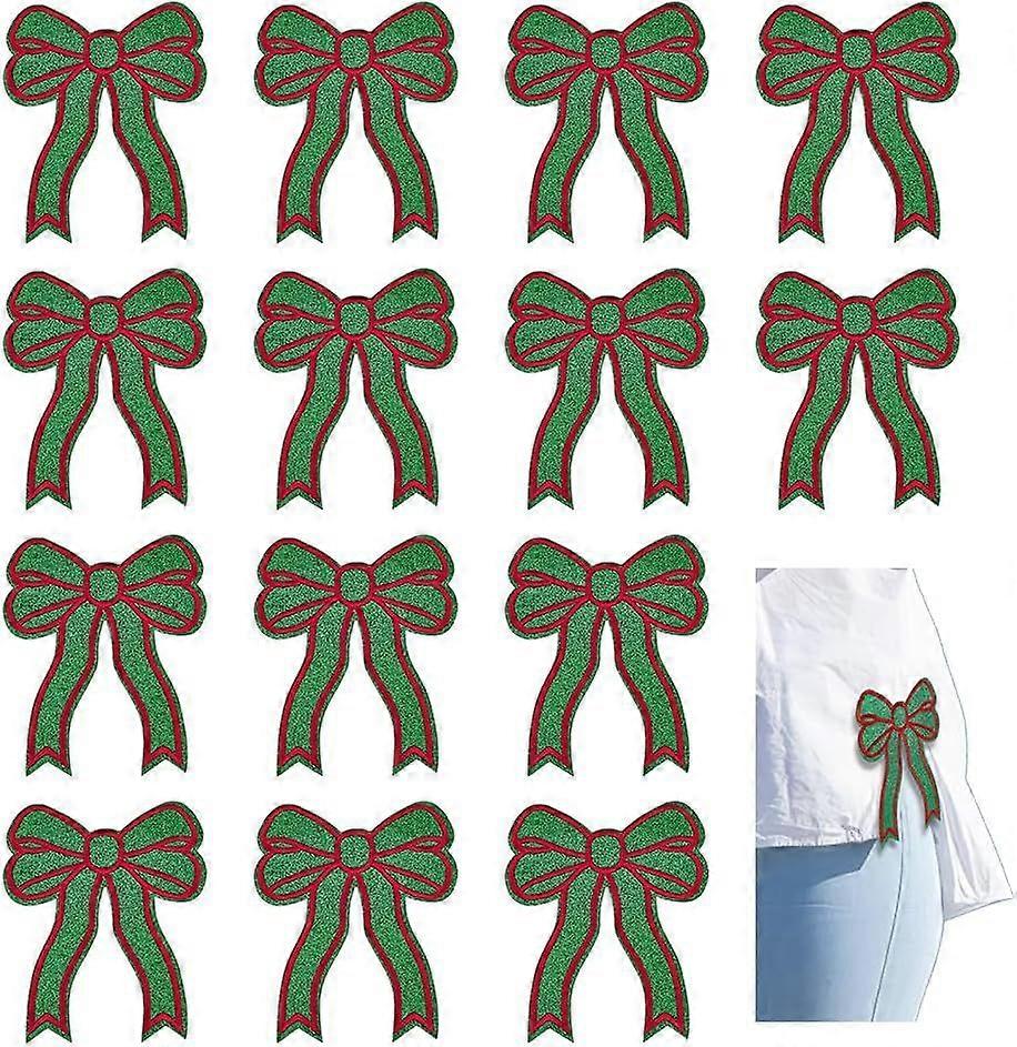 14 PCS Sweatshirt Side Patches Iron on/Sew On Green Bowknot Embroidered Applique Patches Polyester Hot Melt Tie Applique Decorative Bowknot Shape Embe