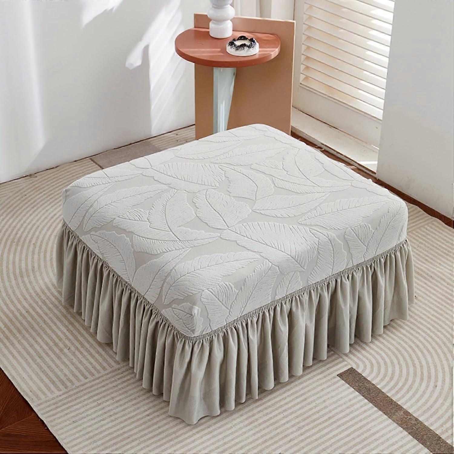 Stretch Ottoman Cover Thick Fabric Rectangle Slipcover with Elastic Bottom Full Coverage Light Grey