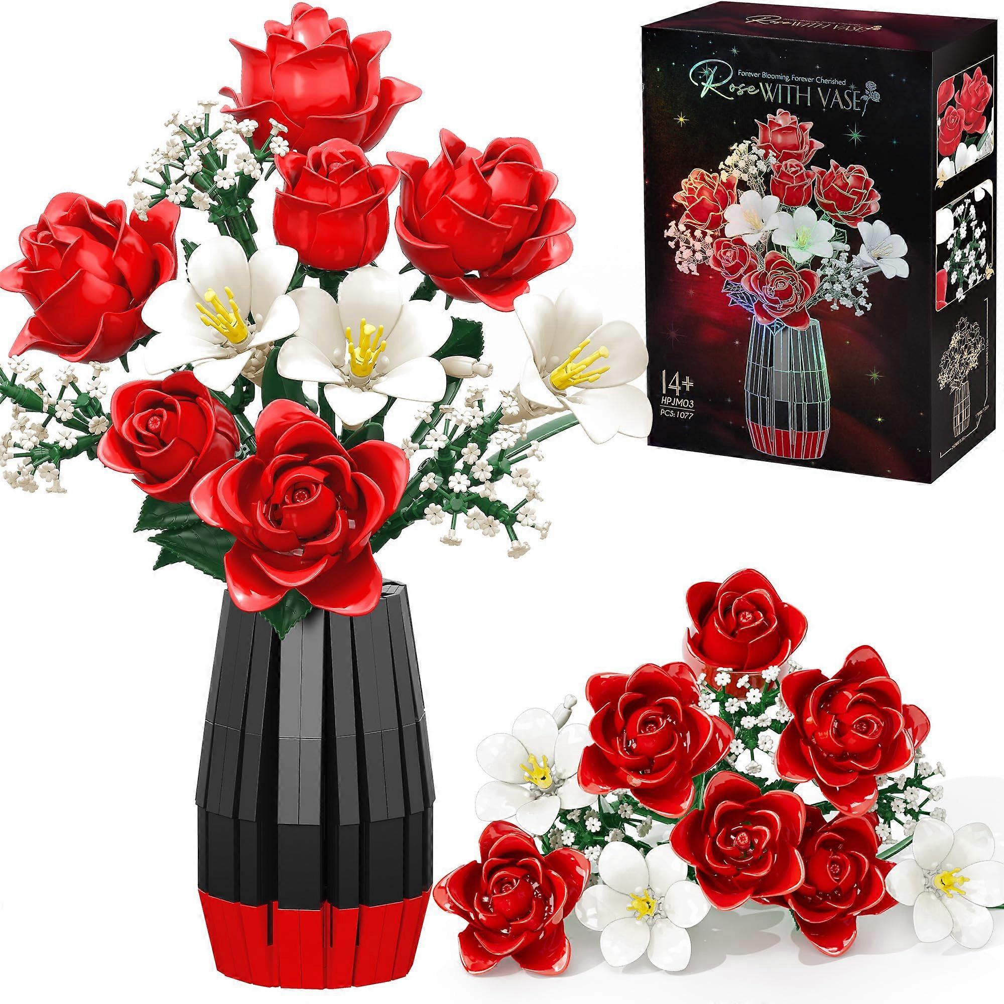 Flower Bouquet Building Blocks Set with Vase, Artificial Roses DIY Kit, Botanical Gift 1077PCS