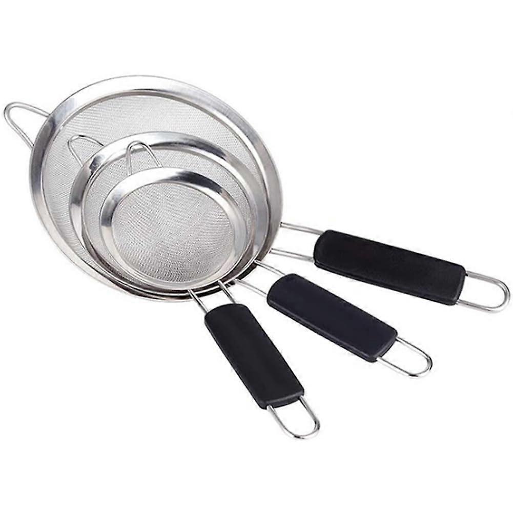 3pcs Stainless Steel Fine Mesh Strainer Set with Long Handle and Ear Hook, Rust Resistant Kitchen Tools