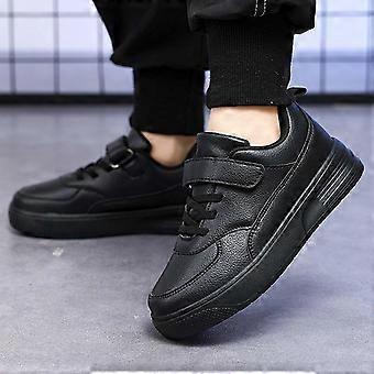 Kids' Solid Color Athletic Sneakers, Non-Slip Soft Sole, Lace-Up & Hook-and-Loop, Compatible with School & Sports, Black, Size 33