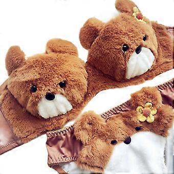 2 Pieces Anime Style Lingerie Set - Cute Soft & Comfortable Plush Bra and Panties with Cartoon Bear Design for Women and Girls, Size M, Brow