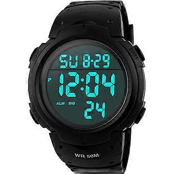 Digitale horloges voor dames en heren met grote wijzerplaat, LED-verlichting, waterdicht, geschikt om mee te zwemmen, rubberen band en alarm, zwart, LED-horloge, 50 mm
