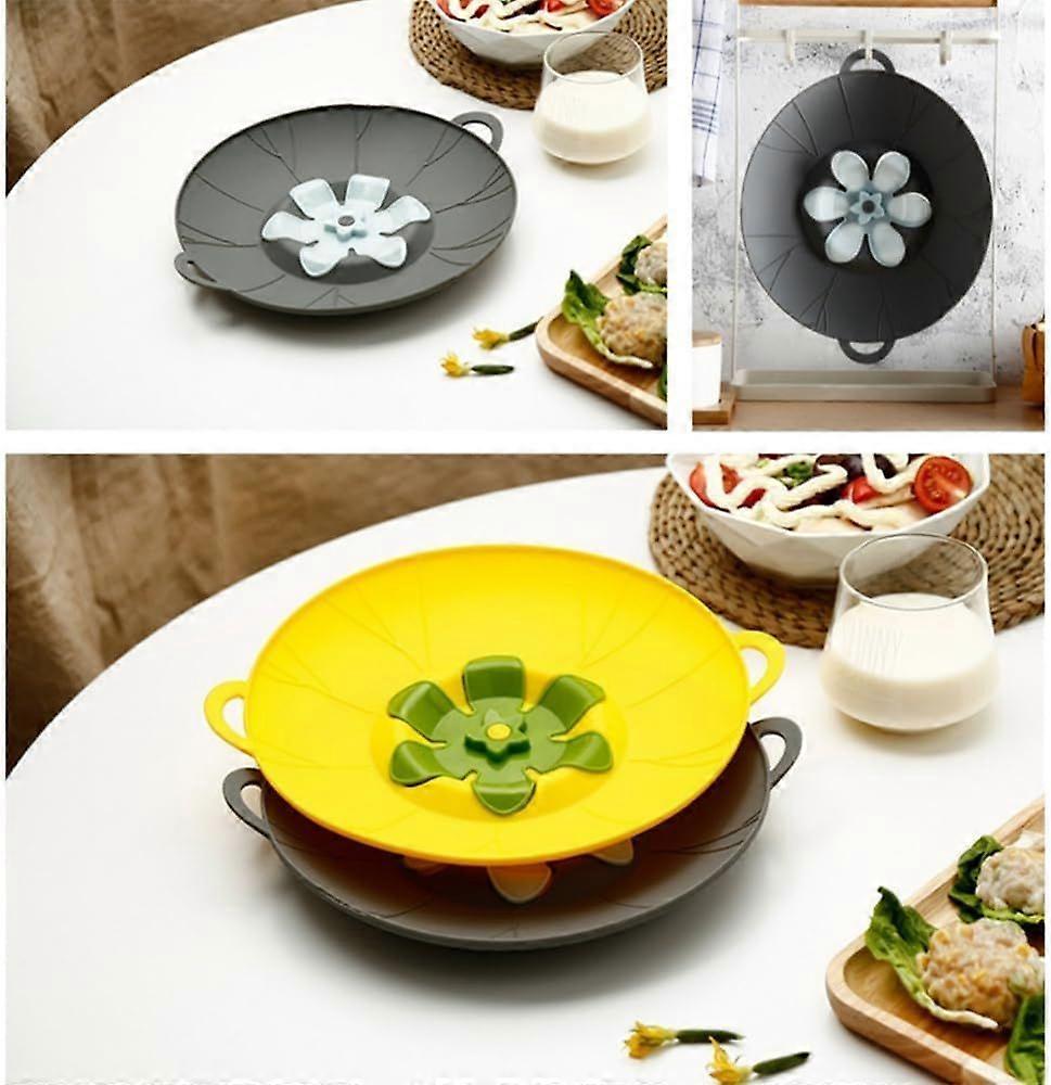 (29cm, Grey)Silicone Spill-Proof Pot Lid - Flower Shape Rotating Spill Stopper, Multi-Function Kitchen Tool