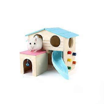 Wooden Hamster Hut for Playing with Bell and Sliding Stair Colorful Toy