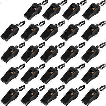 Zwarte plastic fluitjes met koord, luid en helder geluid, voor coaches, scheidsrechters en officials, 24 stuks