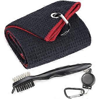 Mikrofaser Waffelmuster dreifach gefaltetes Golfhandtuch | Bürstenwerkzeug-Set mit Club Groove Cleaner, einziehbarem Verlängerungskabel und Clip,,F82524
