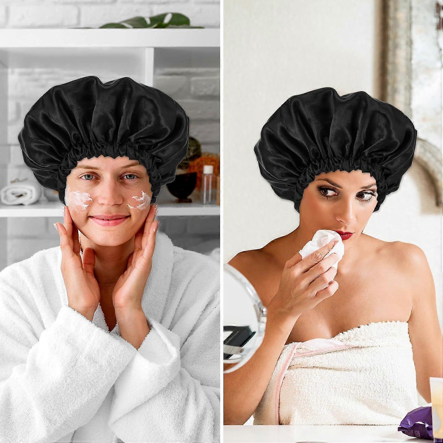 Elastic Adjustable Black Bath Cap, Reusable Waterproof Shower Cap Double Layer