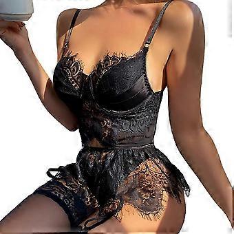Lace Lingerie Set for Women Sexy Lingerie Underwire Push Up Babydoll Bodysuit and Panty Set Lingerie with Garter Belts Black S