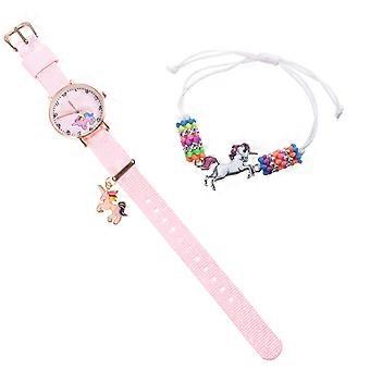 Girls Quartz Watch Unicorn for Wearing 2Pcs Fashionable Pink Wrist Bracelet