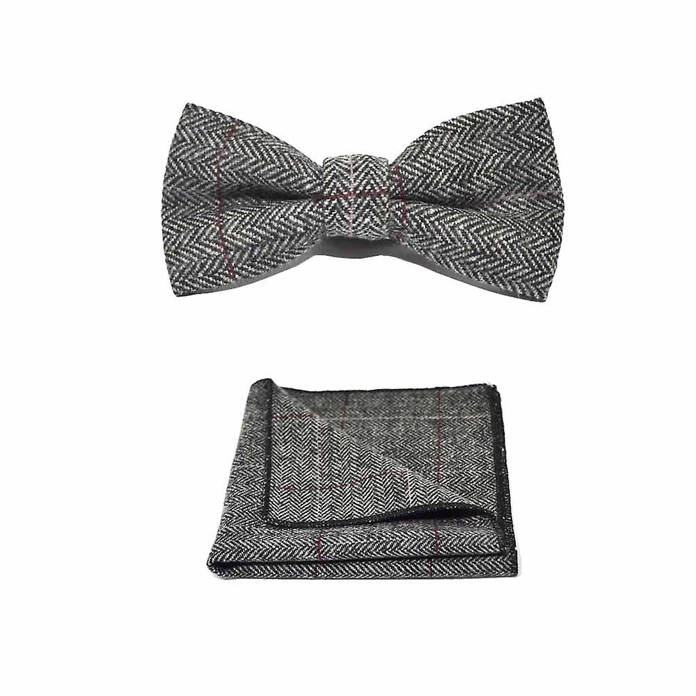 Luxury Herringbone Pewter Grey Bow Tie & Pocket Square Set