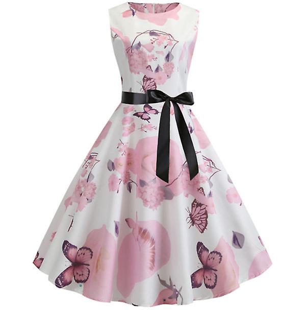 2022 Hot Sale Brand Women's Vintage Print Short Sleeve Hepburn Lace-up Dress Swing Skirt