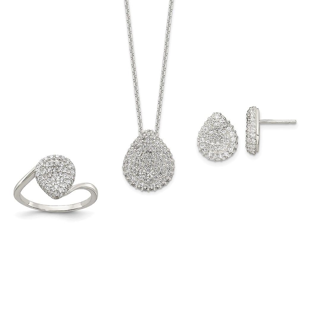 925 Sterling Silver 16 In With 1.5 In Extension Cubic Zirconia Pear Necklace Earrings and Ring Stud Earring for Women
