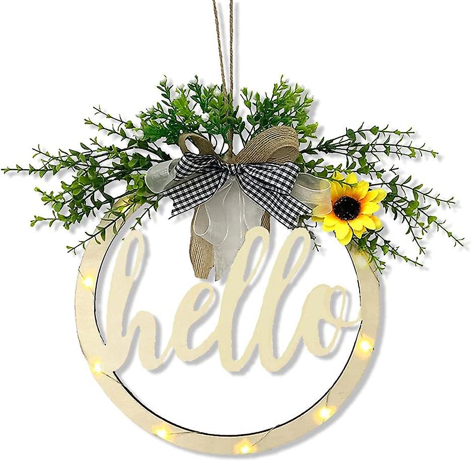 Welcome Sign Rustic Wooden 30cm Door Garland with LED String Lights for Porch and Home Decoration