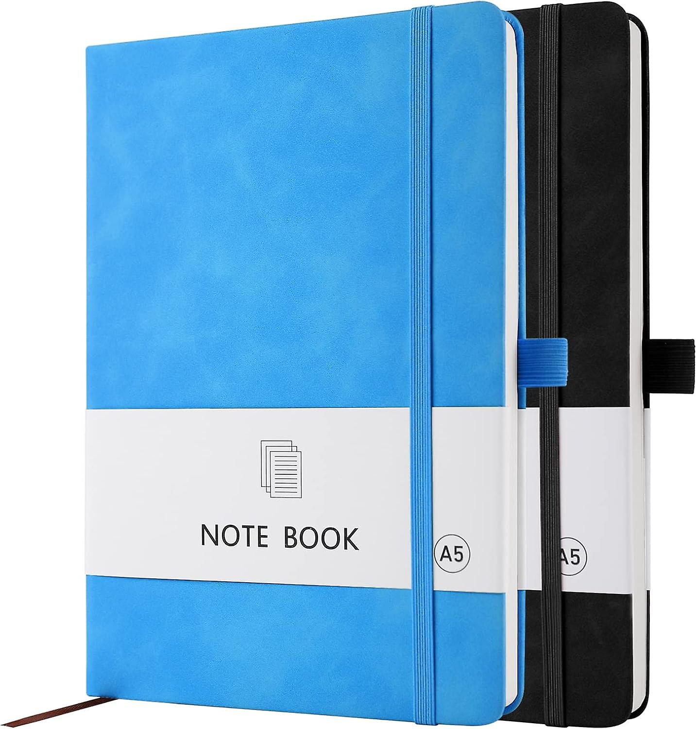 A5 Notebook, 2 Pack Notebook A5 200 Pages 100 GSM Journal Notebook Hardback Notepad with Bookmark, Pen Loop, and Elastic Closure (Black+Bright Blue)