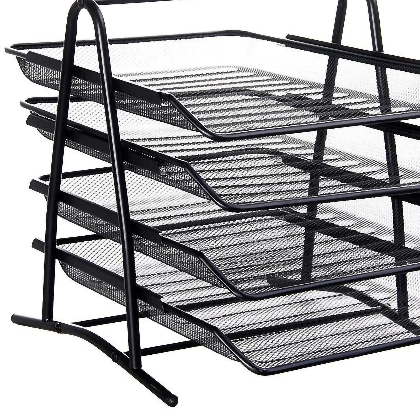 Desk File Organizer 4 Compartments Durable Metal Mesh Simple Aasembly Desktop File Organizer 4 Compartments with Triangular Corner Black 