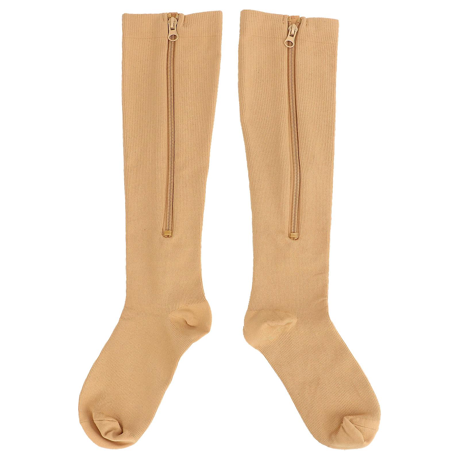 1 Pair 15‑20mmHg Closed Toe Zipper Compression Socks Women Knee High Compression Stockings Skin Color L/XL