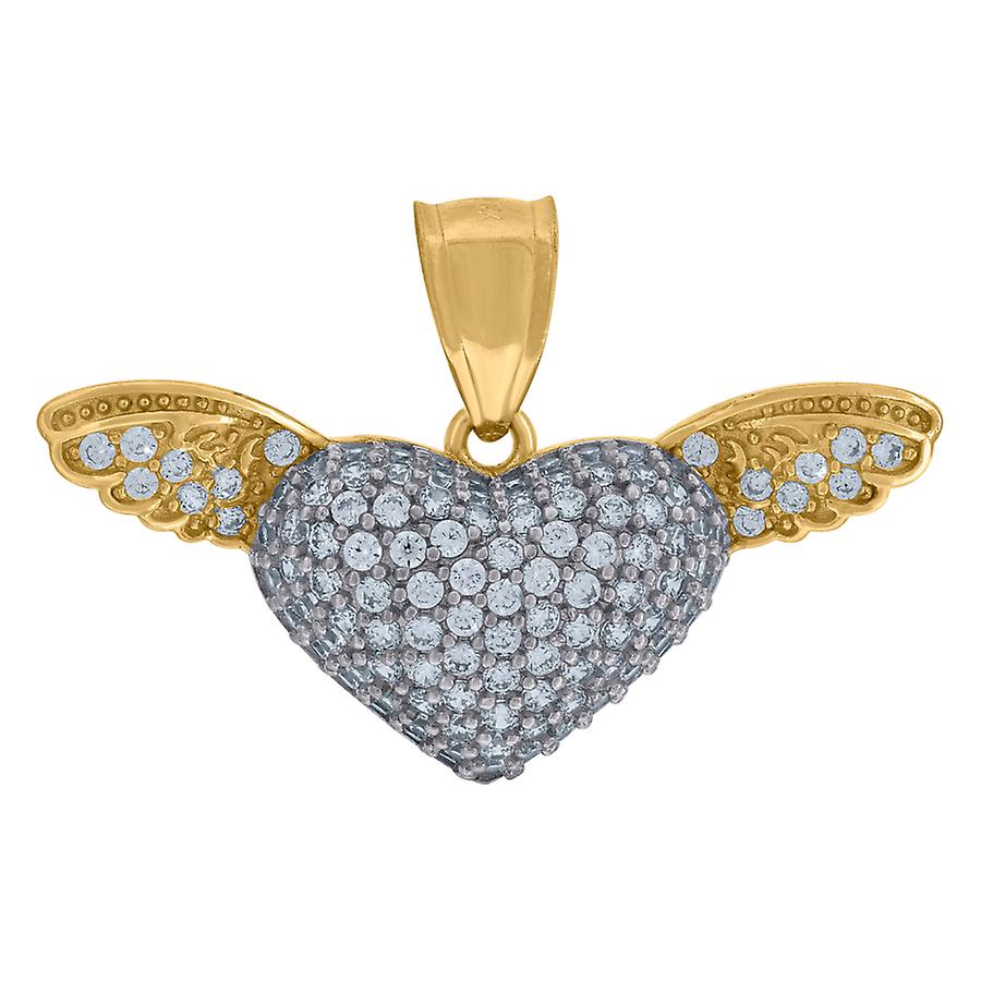 10k Two tone Gold Cubic Zirconia Flying Love Heart Angel Wings Charm Pendant Necklace 21x29.5mm Wide-Pendant for Women