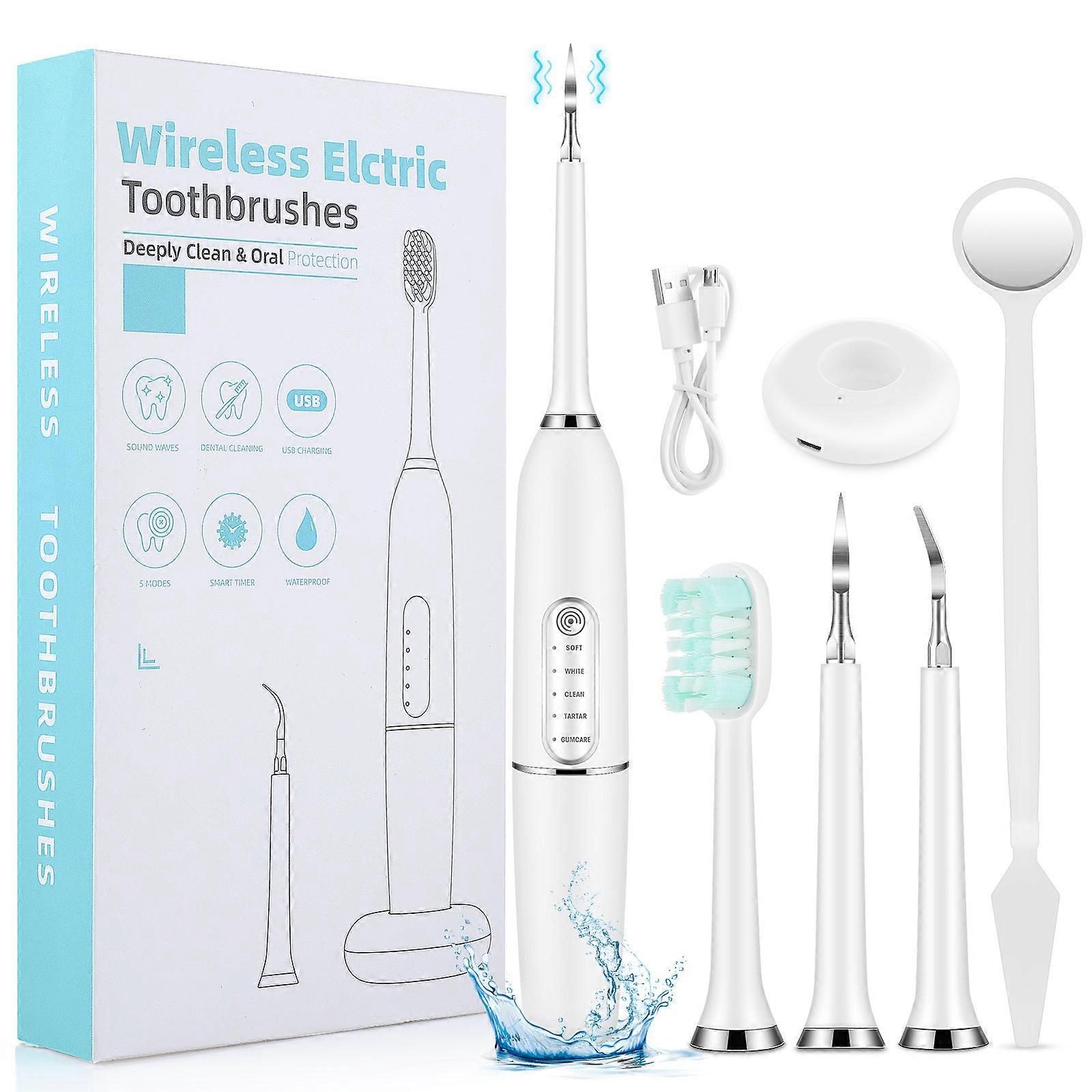 Dental plaque electric cleaning kit, with LED light, tooth calculus cleaner and tartar remover, applicable to 5 adjustable modes (white)