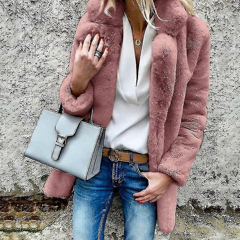 Ladies Plain Coat Fluffy Winter Warm Overcoats Long Sleeve Jacket