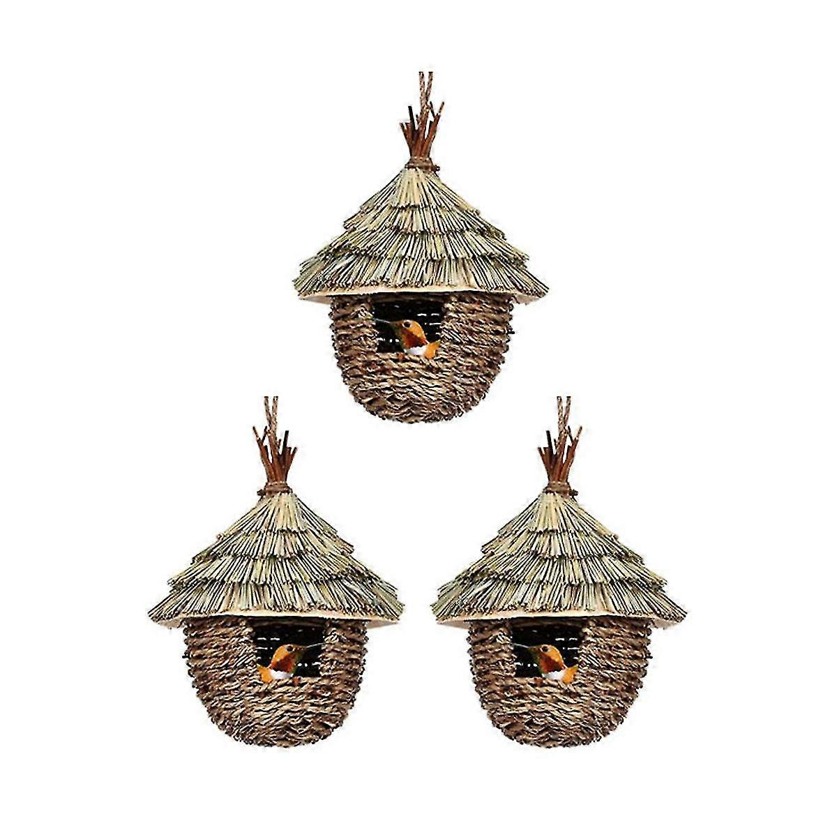 Bird House,3pcs Hand Woven Hanging Humming Bird House compatible with Nesting,natural Grass Bird Nest compatible with Garde
