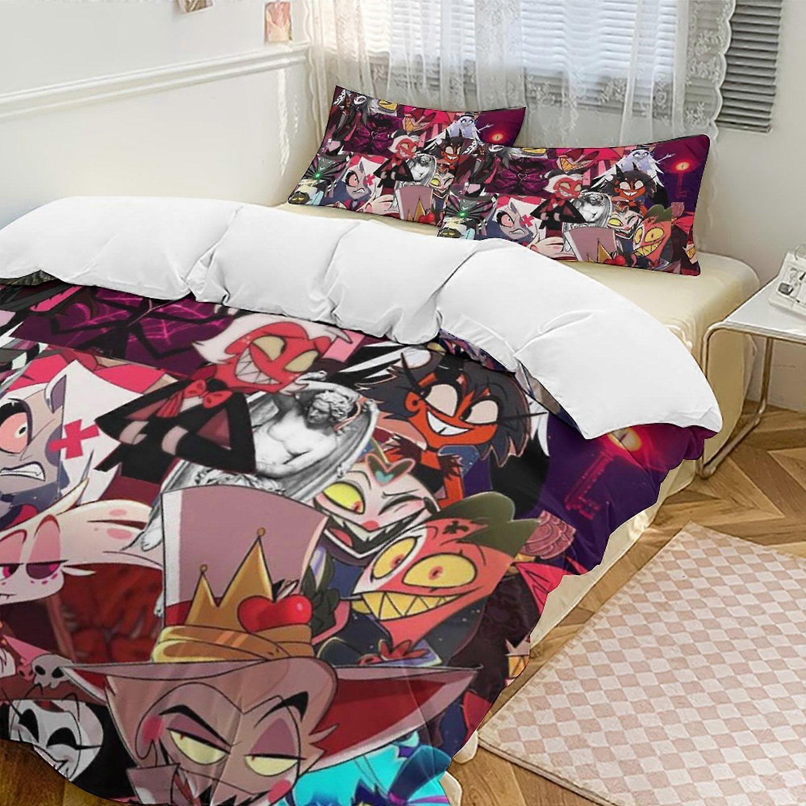 v844 Hazbin Hotel Conjunto de Cama Twin de 3 Peças - Inclui 1 Edredom de Solteiro e 2 Fronhas de Cama - Microfibra Resistente ao Desbotamento - Hazbin Hotel io844