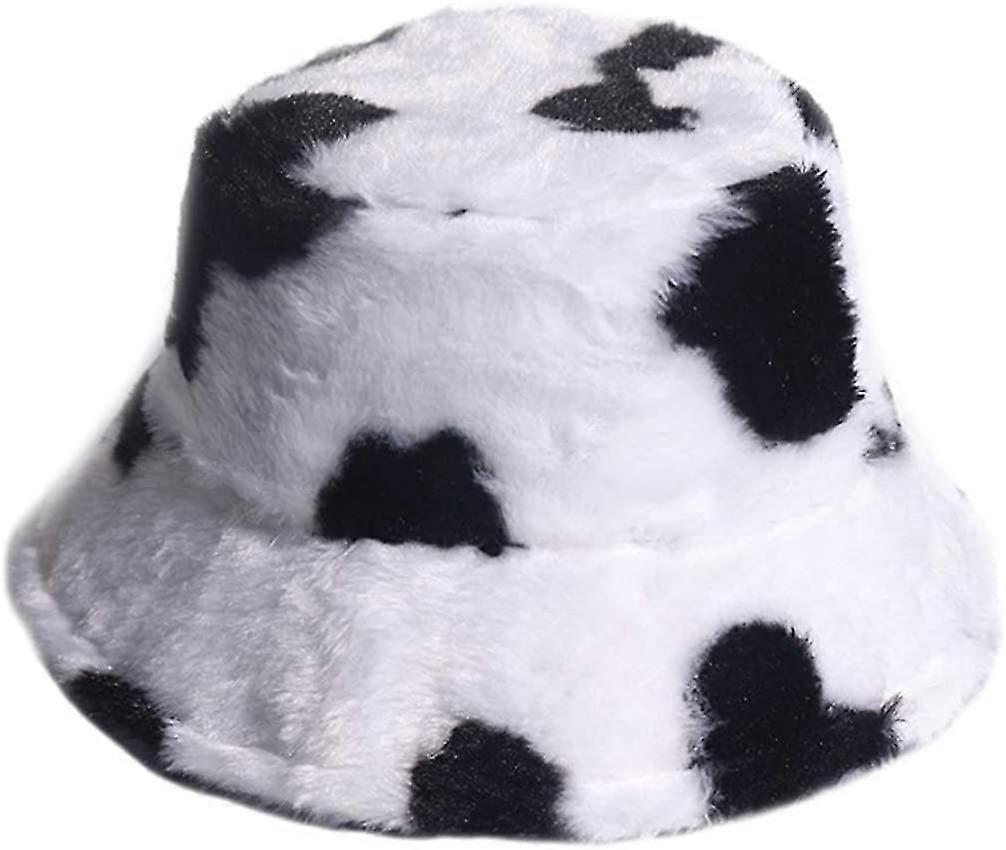 New Bucket Hat Cow Pattern Faux Fur Fisherman Hat Packable Fluffy Hat Winter Hats For Men Women