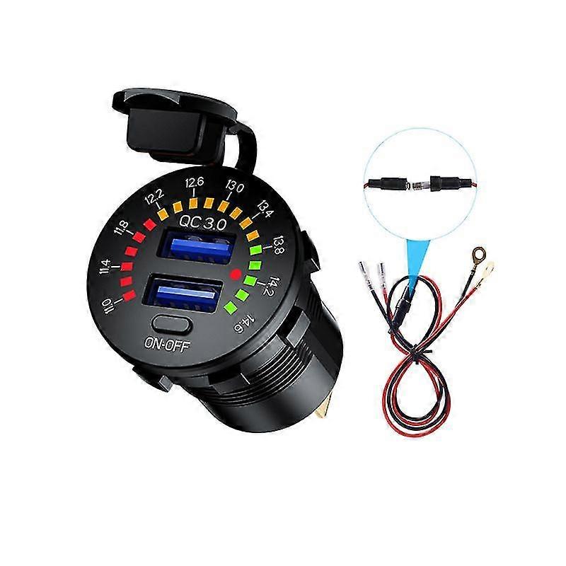 Chargeur de voiture double USB 12 V/24 V QC 3.0, étanche, prise USB 18 W, charge rapide, avec voltmètre LED, interrupteur marche/arrêt, câble d'alimentation