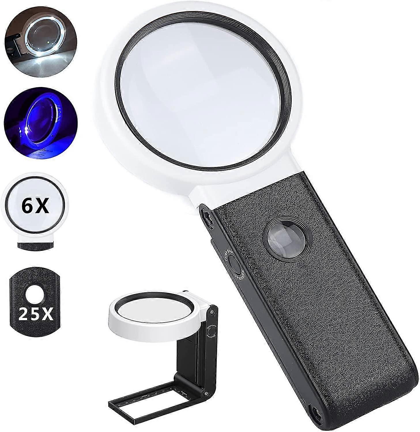 25x 6x Lighted Reading Magnifier, Magnifying Glass With 6 Led 2uv Light, Handheld Magnify
