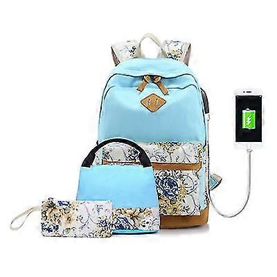 3 Pieces Rucksack Student Bag with USB [Blue]