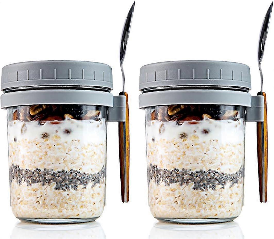 2 glass overnight oats jars with lids and spoons for milk, cereal, fruit storage Mason overnight oats jars (350ml)