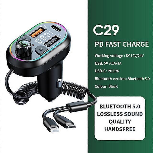 Car Bluetooth 5.0 FM Transmitter Wireless Audio Receiver Car MP3 Player 25W PD Fast Charge With Apple Type-C Port Charging Cable