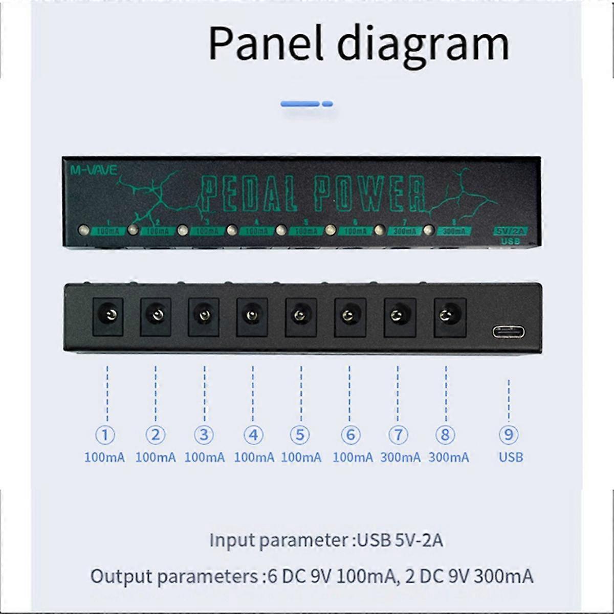 Strömförsörjning för gitarreffektpedaler, 8 isolerade DC-utgångar/5V USB-utgång för 9V-skydd, gitarrtillbehör