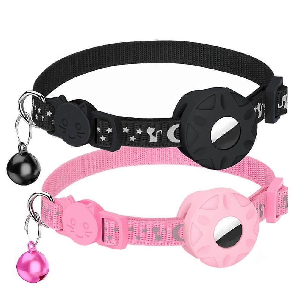 2 Airtag Starmoon Cat Collars (black+pink, excluding Airtag), cat specific collar with seat belt and waterproof air label holder, 1cm wide, cat Airtag