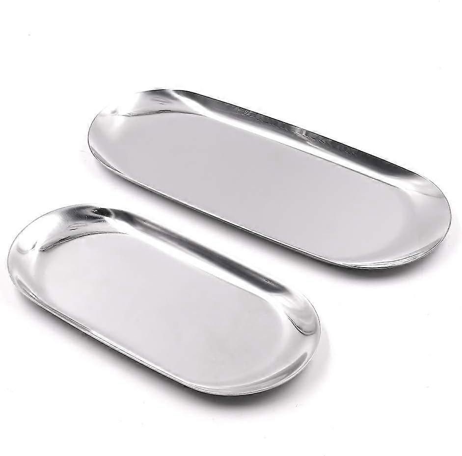 2025 جديد 2 مجموعات من الفضة بيضاوية الفولاذ المقاوم للصدأ صينية حلية ، منشفة تخزين طبق صحن الشاي صواني الفاكهة مستحضرات التجميل لوحة مجوهرات 2 حجم