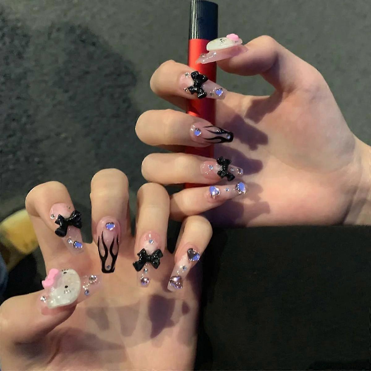 24pcs Black Flame Nail Patch Dark Style Glue Type Removable Short Paragraph Manicure Save Time