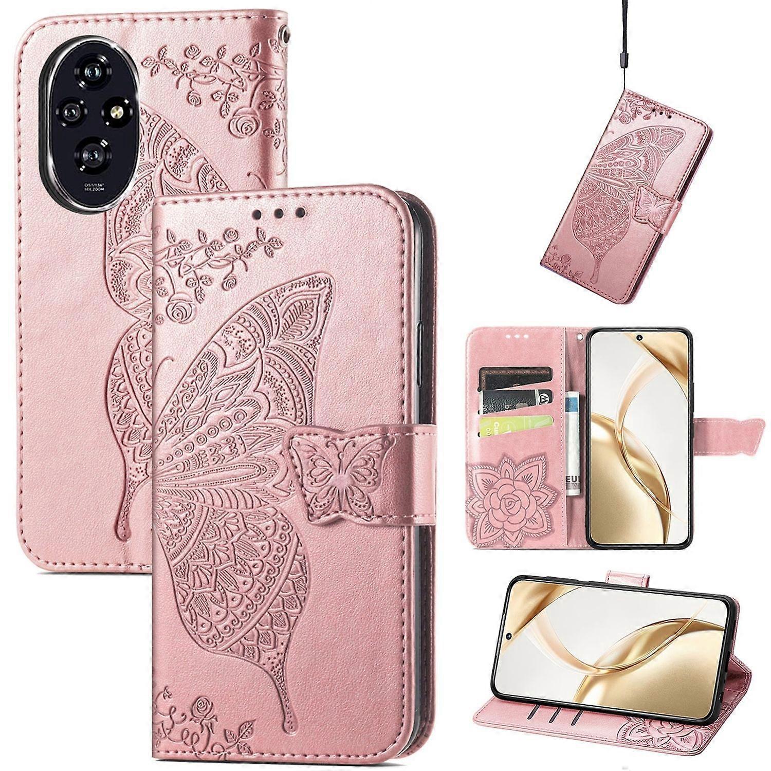 For Honor 200 Faux Leather Wallet Bag Design Butterfly Case Pink