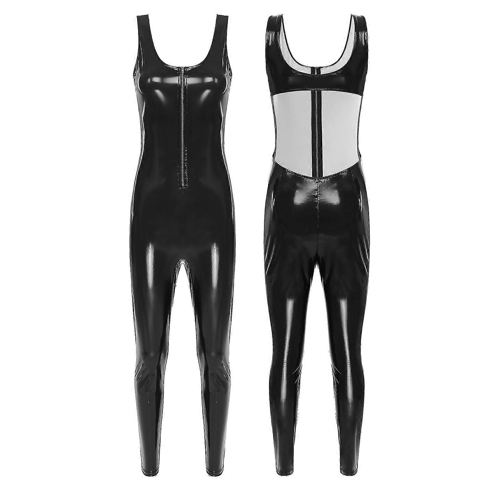 Kvinnors Lack Läder Dragkedja Ärmlös Jumpsuit Cutout Rygglös Enstyckad Bodysuit Våt Look Catsuit Klubbkläder För Poledance