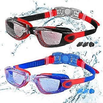 2er-Pack Kinder Schwimmbrille, für Kinder im Alter von 3-16 Jahren, Anti-Beschlag, wasserdicht, schwarz rot/klare Scheibe & blaue rote/klare Scheibe
