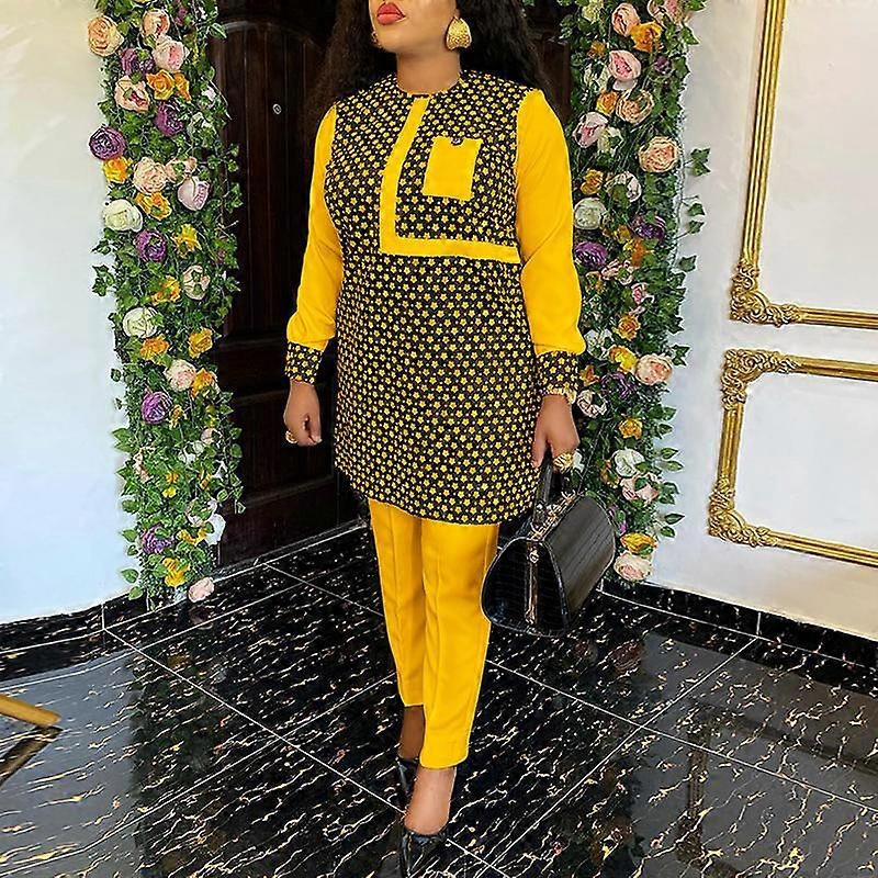 VONDA Plus Size Women's Round Neck Long Sleeve Printed Top Solid Color Pants