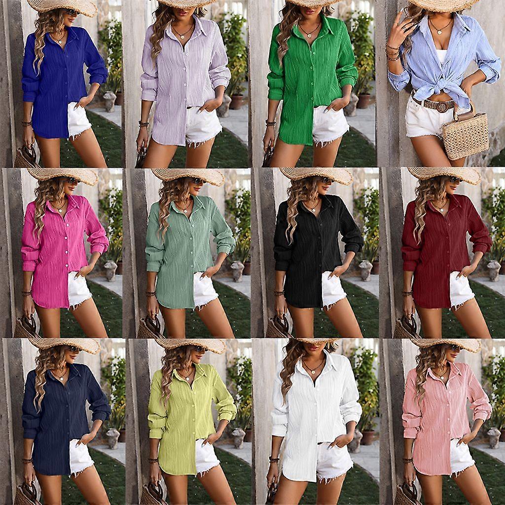 2025 Kvinnor Vågig Texturerad Button-Down Skjorta Casual Lös Passform Långärmad Blus Lättvikt Sommar Topp S2XL 12 Färger