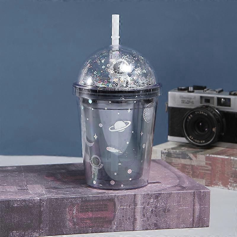 كوب بلاستيك مزدوج النجمة كوب ماء كرتوني مع قش ، اللون: 350 مل أسود