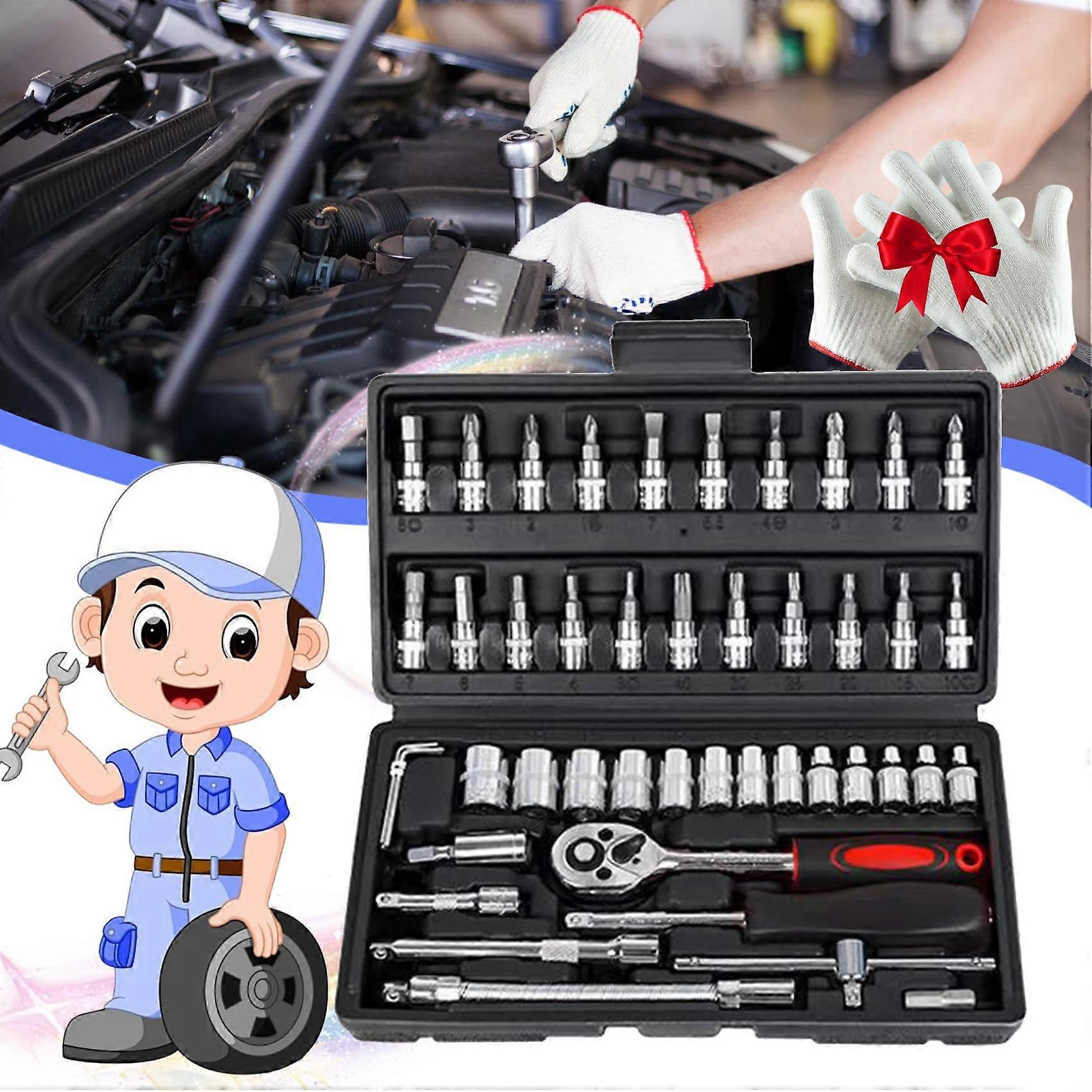 Cordless Slim Ratchet Set, 72-Tooth Mechanic Tool Kit with Storage Toolbox, Compact Hand Tools for Home and Auto Use, Black