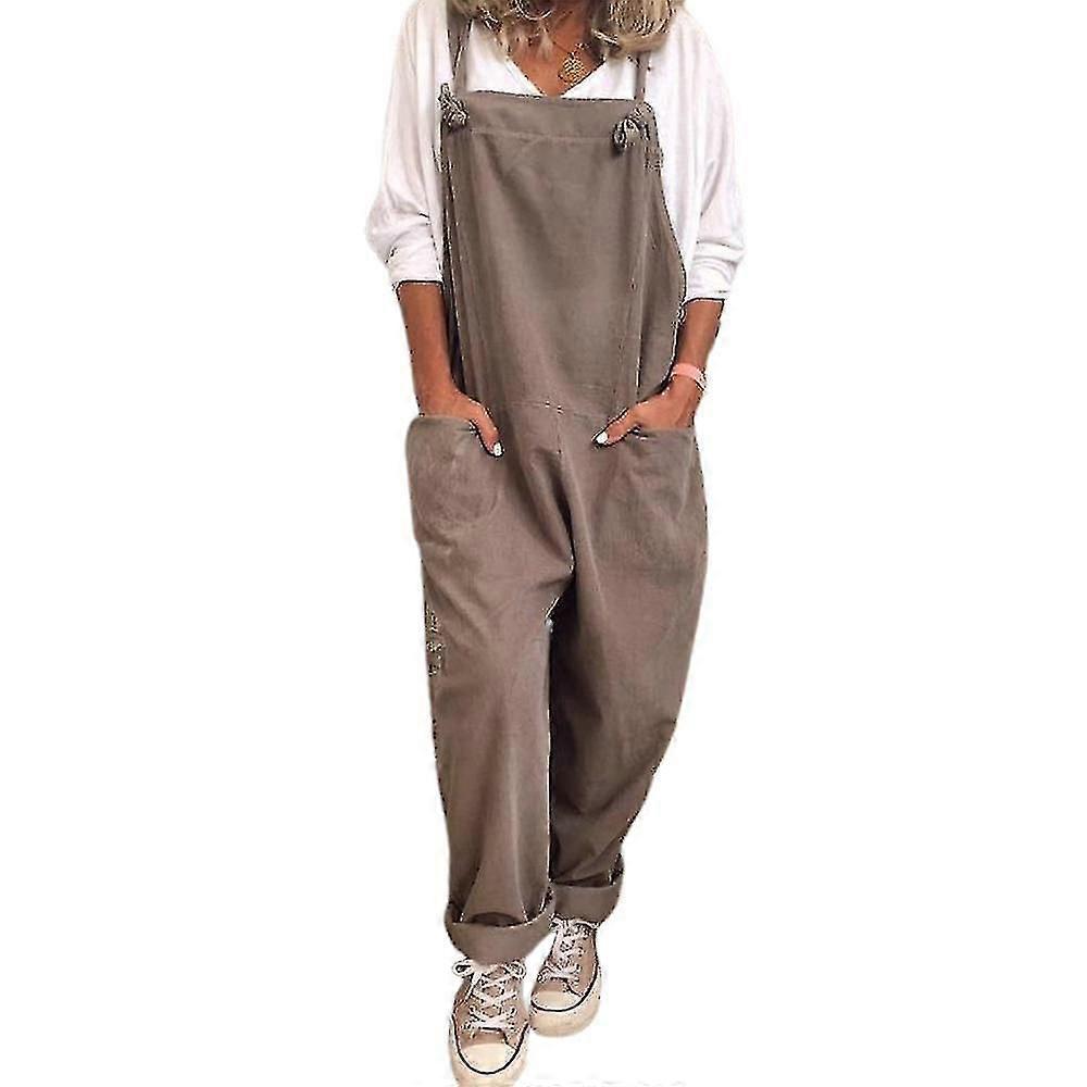 Plus Size Womens Solid Dungarees Overalls Pocket Sleeveless Trousers Jumpsuit-hy