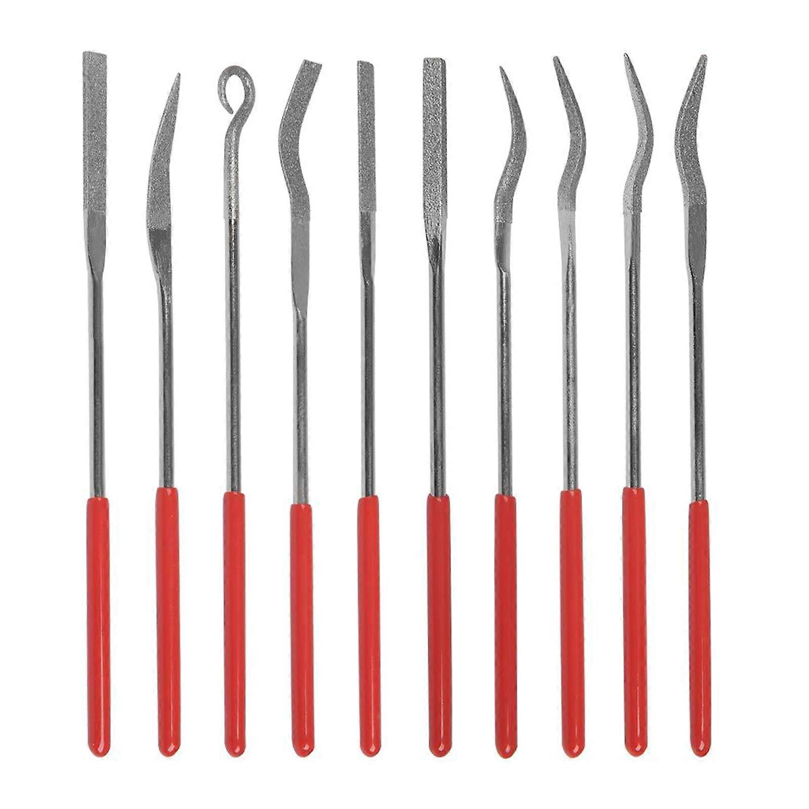 10Pcs Assorted Mini Diamond Files, Small Jewelers Hand Needle File Set, Round Handle Shape Rifler Files Tool for Wood