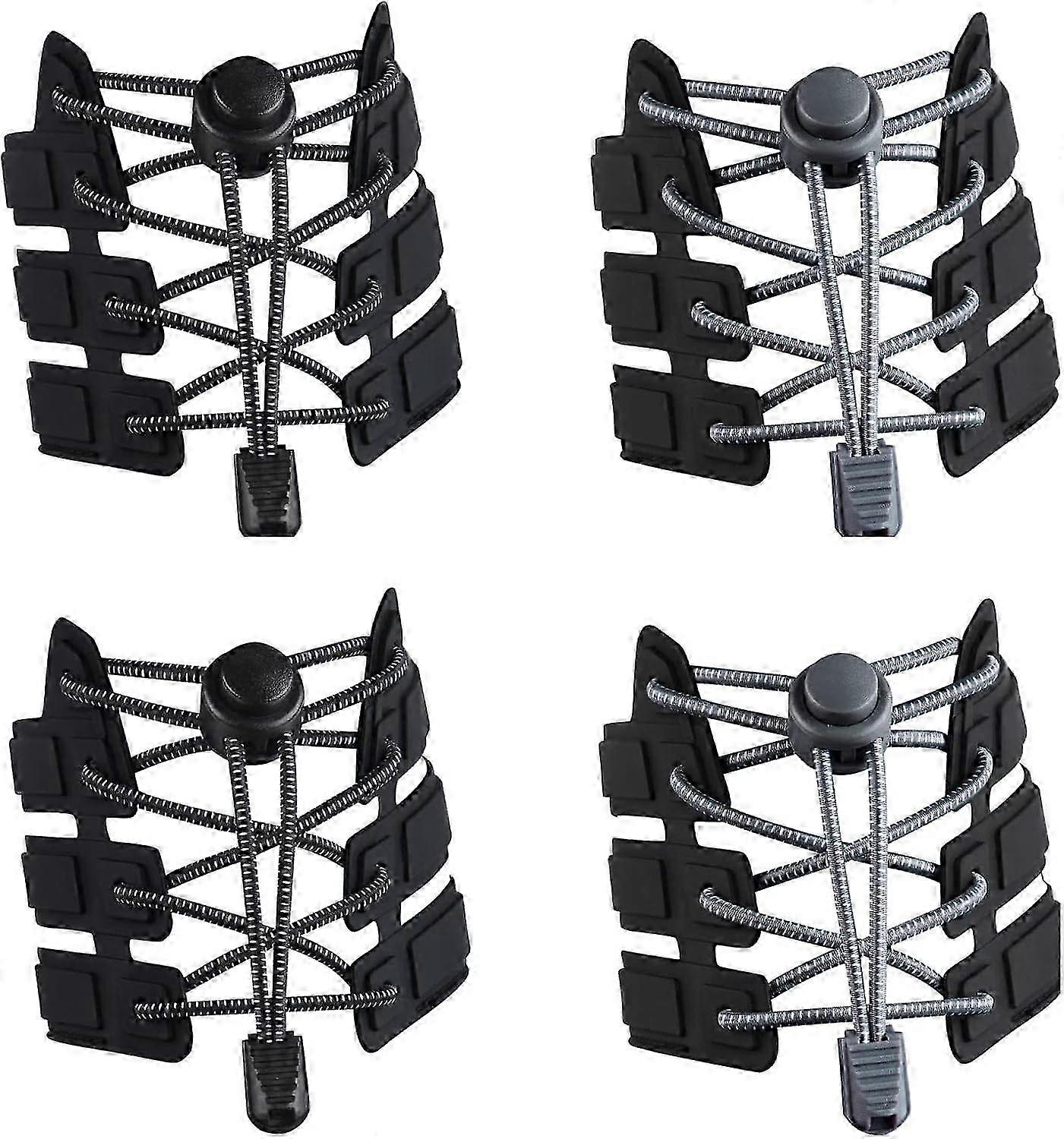 Adjustable No-Tie Elastic Shoelaces in Black and Gray, 4-Pack with Strong Locking Mechanism - Ideal for Adults and Children, Compatible with