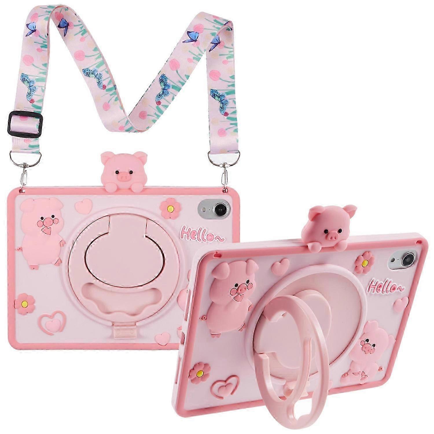 Silicone Case with Shoulder Strap Kickstand for Tablet, Compatible with Certain Mini Models, Cartoon Pig Design