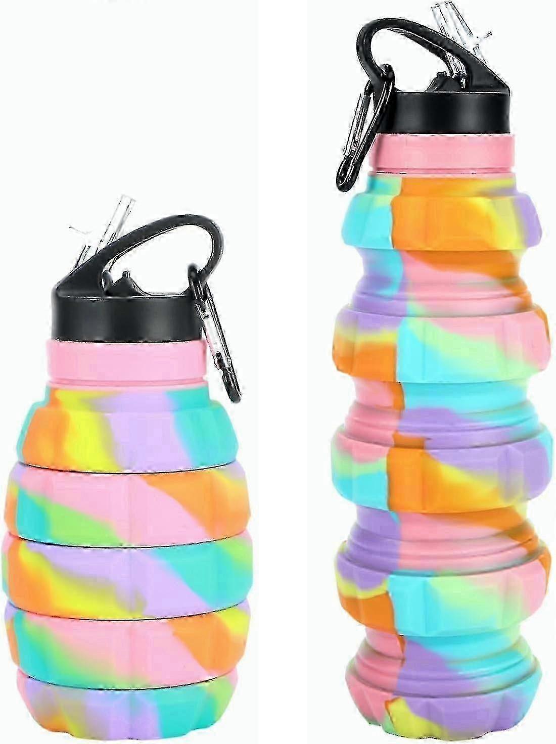 折りたたみ式18オンスシリコンウォーターボトル - BPAフリー、ジムキャンプハイキング用の漏れ防止 - レインボー