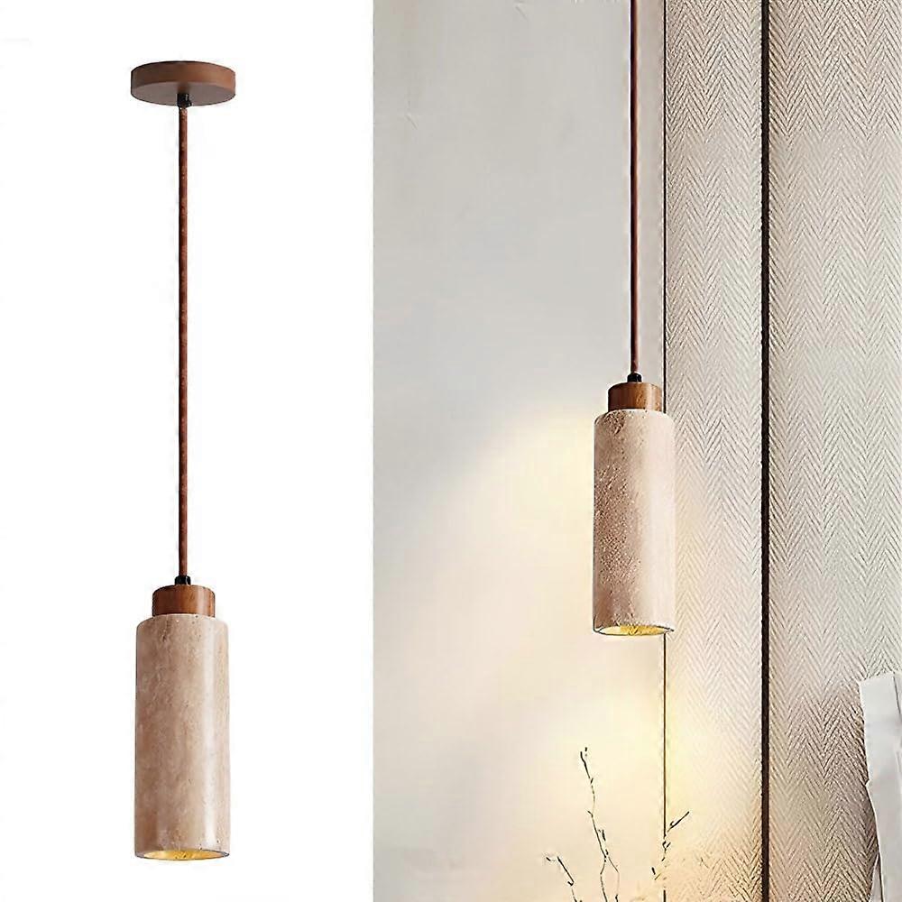 Rectangular/Cylindrical Stone Pendant Lights, Walnut Pendant Lamps with Natural Yellow Travertine Lampshade, E27 Lighting Fixture